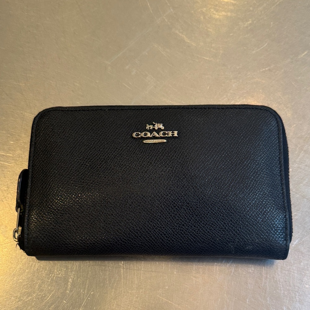 COACH Black Pebbled Leather Zip-Around Wallet